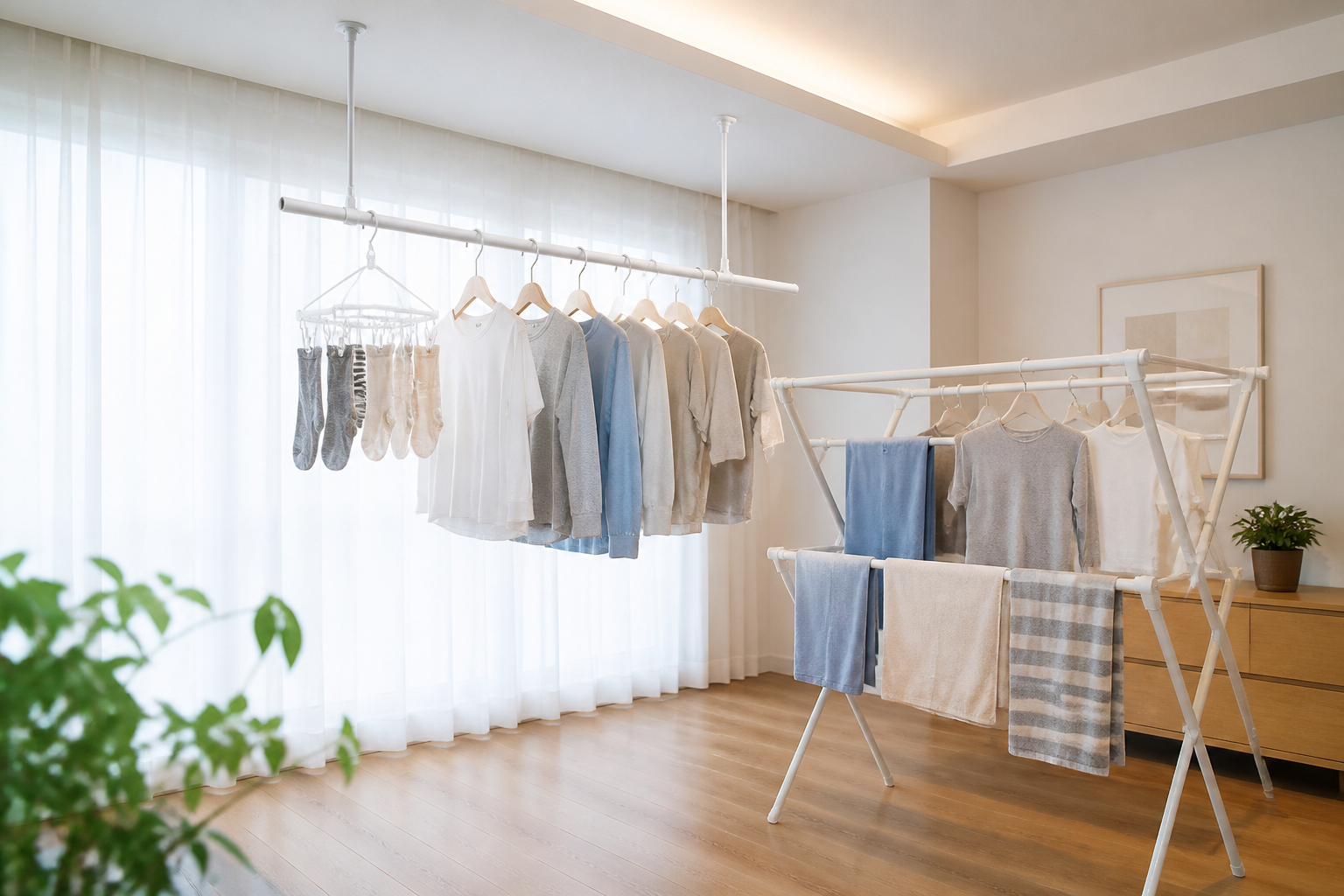 カーテンレール直掛けは卒業！専用アイテムで安全＆快適な部屋干しを