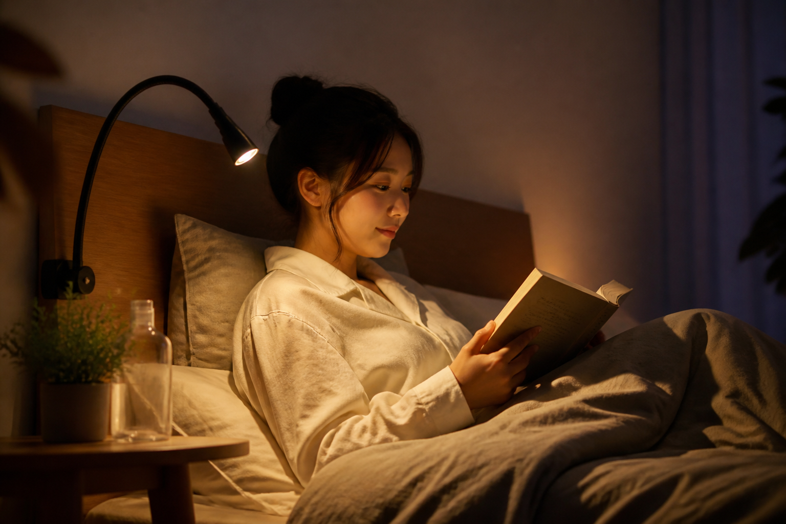 寝る前の読書には「電球色で手元だけを照らす調光ライト」が最適！